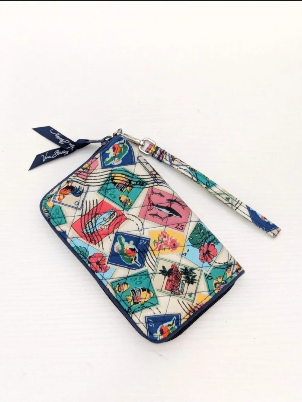 Vera Bradley RFID Grab and Go Wristlet Wallet OS Cuban Stamps Print Colorful
